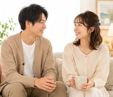 向かい合って微笑むカップル