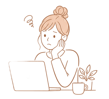 ノートパソコンの前で悩む女性のイラスト